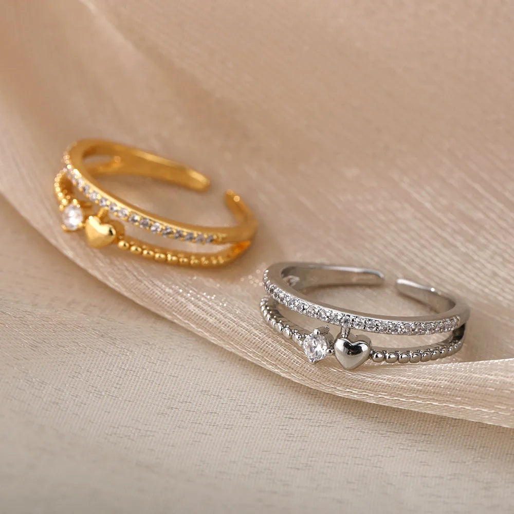 Adjustable Heart Ring Set with Zirconia